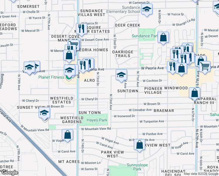 map of restaurants, bars, coffee shops, grocery stores, and more near 7230 West Cheryl Drive in Peoria