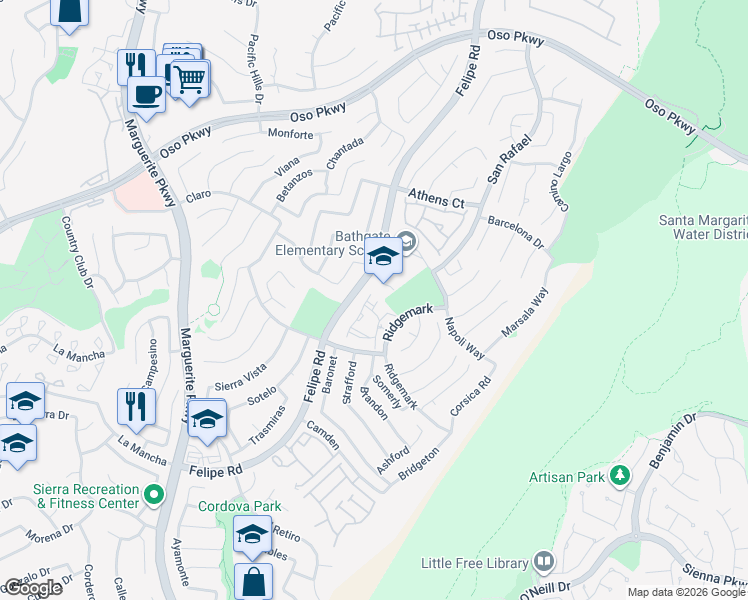 map of restaurants, bars, coffee shops, grocery stores, and more near 26414 Vicente Lugo in Mission Viejo