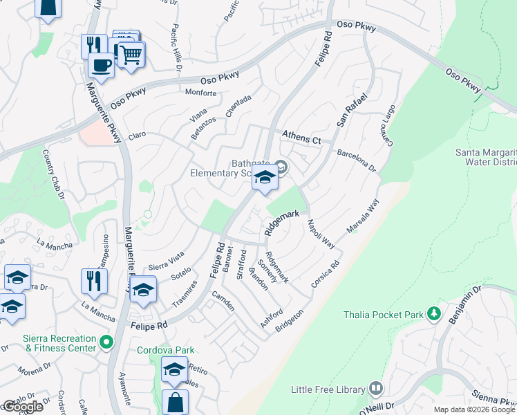 map of restaurants, bars, coffee shops, grocery stores, and more near 26414 Vicente Lugo in Mission Viejo