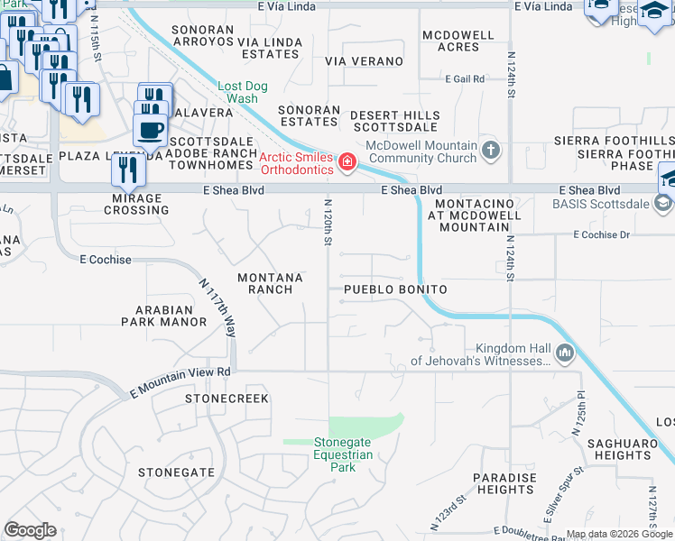 map of restaurants, bars, coffee shops, grocery stores, and more near 12014 East Welsh Trail in Scottsdale