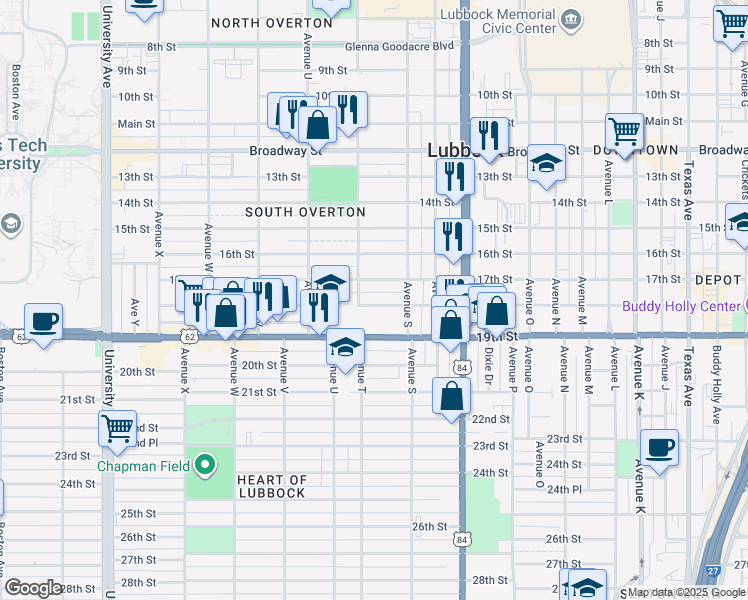 map of restaurants, bars, coffee shops, grocery stores, and more near 1916 18th Street in Lubbock