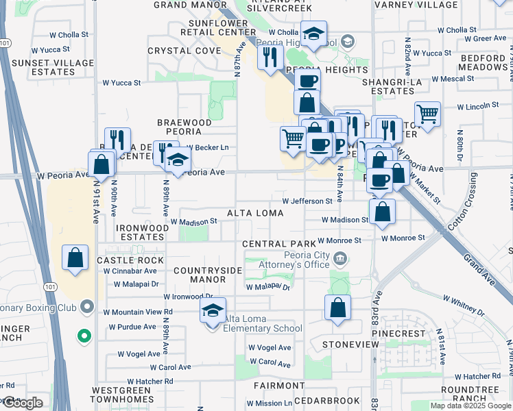 map of restaurants, bars, coffee shops, grocery stores, and more near 8639 West Jefferson Street in Peoria