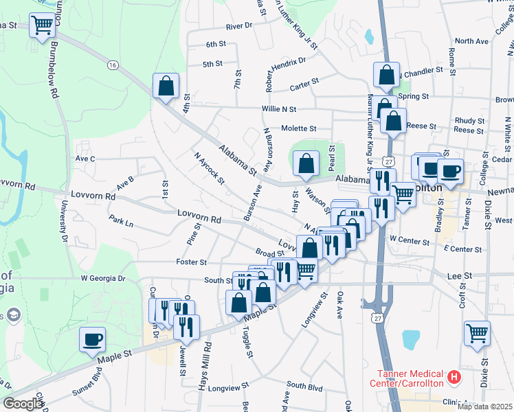 map of restaurants, bars, coffee shops, grocery stores, and more near 519 North Aycock Street in Carrollton
