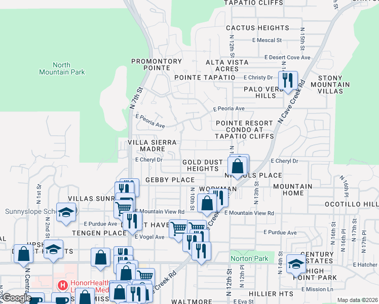map of restaurants, bars, coffee shops, grocery stores, and more near 906 East Cheryl Drive in Phoenix