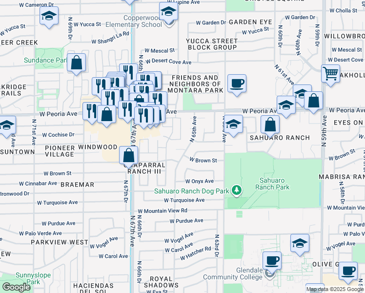 map of restaurants, bars, coffee shops, grocery stores, and more near 6506 West Cheryl Drive in Glendale
