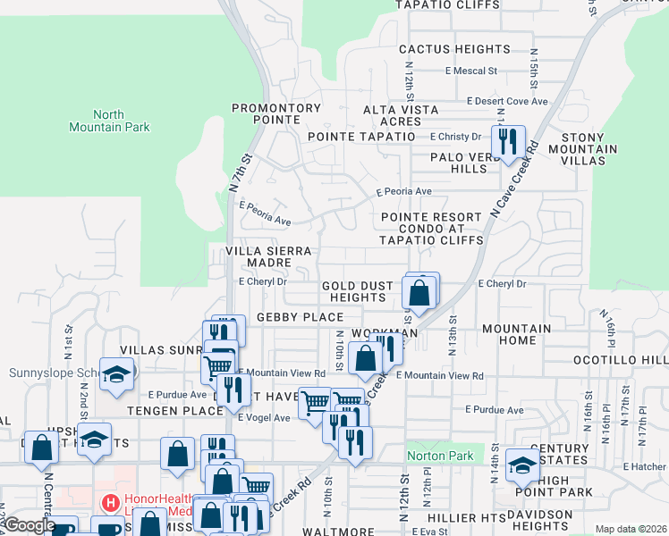map of restaurants, bars, coffee shops, grocery stores, and more near 906 East Cheryl Drive in Phoenix