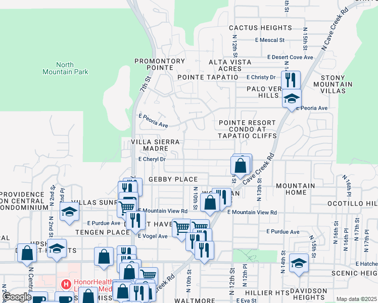 map of restaurants, bars, coffee shops, grocery stores, and more near 906 East Cheryl Drive in Phoenix