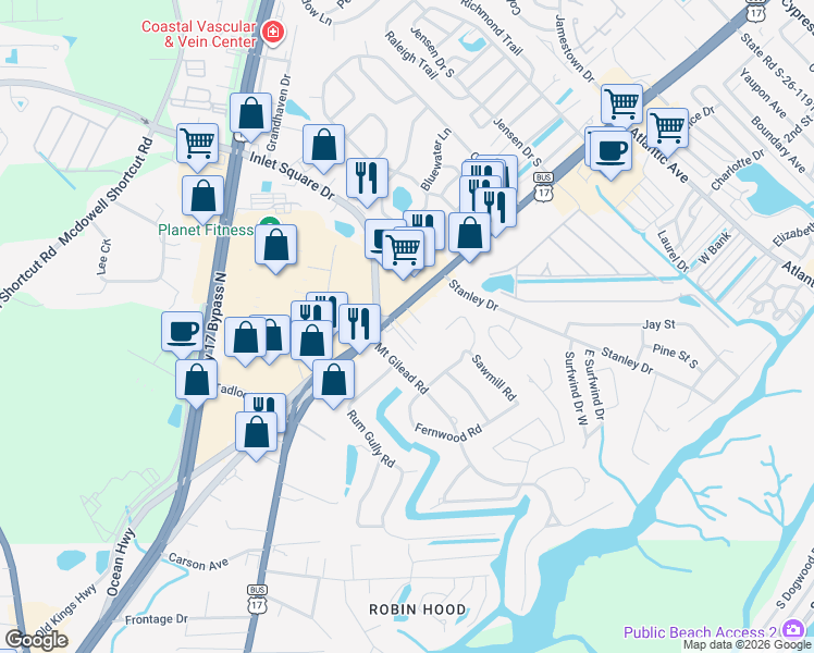 map of restaurants, bars, coffee shops, grocery stores, and more near 590 Trizzie Trail in Murrells Inlet