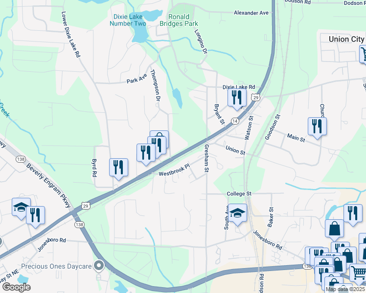 map of restaurants, bars, coffee shops, grocery stores, and more near 6513 Roosevelt Highway in Union City