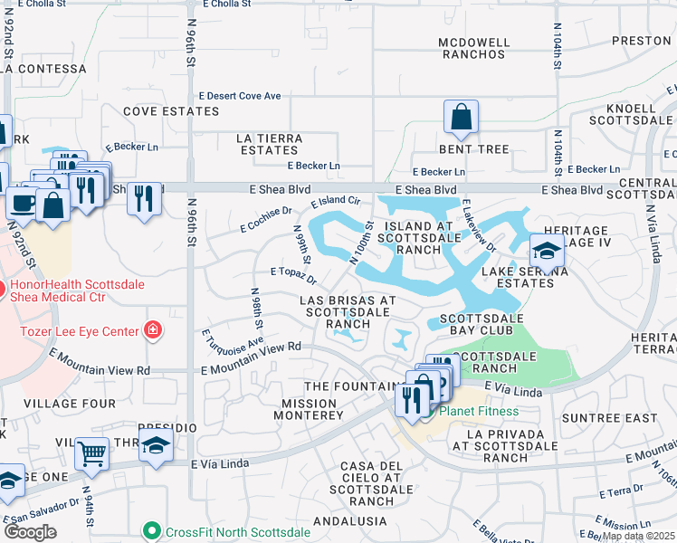 map of restaurants, bars, coffee shops, grocery stores, and more near 10225 North 99th Place in Scottsdale