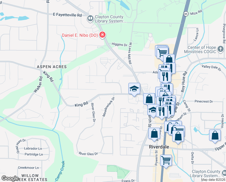 map of restaurants, bars, coffee shops, grocery stores, and more near 915 King Road in Riverdale