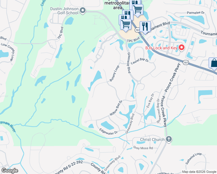 map of restaurants, bars, coffee shops, grocery stores, and more near 491 Misty Hammock Drive in Murrells Inlet