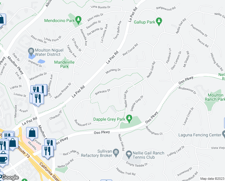 map of restaurants, bars, coffee shops, grocery stores, and more near 25122 Buckskin Drive in Laguna Hills