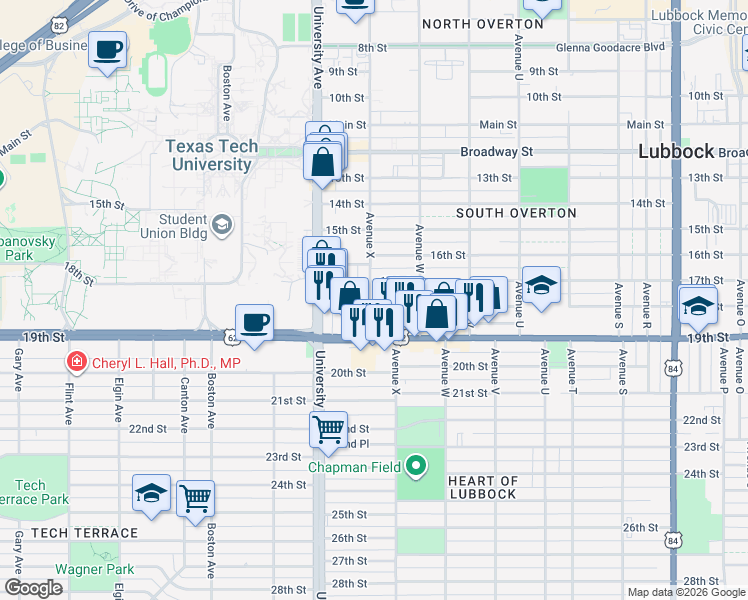 map of restaurants, bars, coffee shops, grocery stores, and more near 2324 18th Street in Lubbock