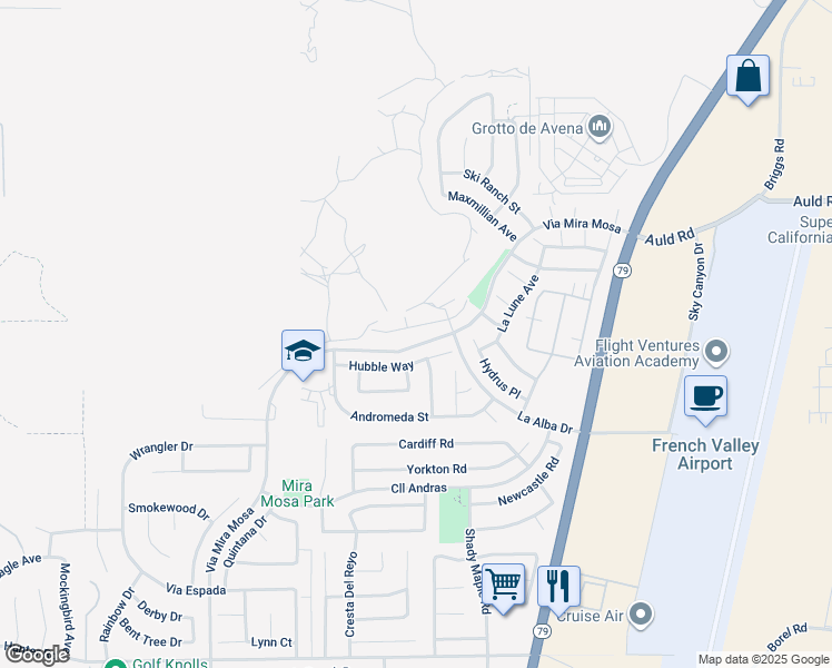map of restaurants, bars, coffee shops, grocery stores, and more near 29605 Big Dipper Way in Murrieta