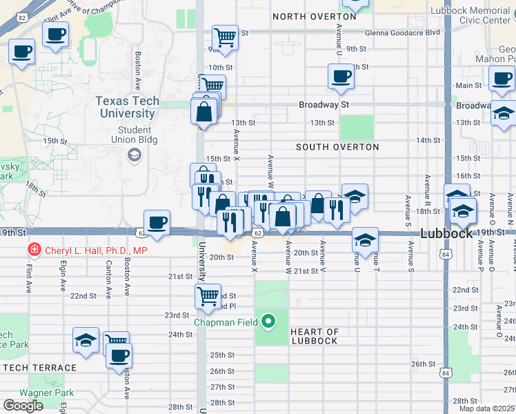 map of restaurants, bars, coffee shops, grocery stores, and more near 2310 18th Street in Lubbock