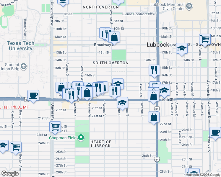 map of restaurants, bars, coffee shops, grocery stores, and more near 2104 18th Street in Lubbock