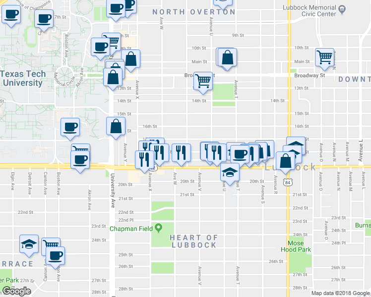 map of restaurants, bars, coffee shops, grocery stores, and more near in Lubbock