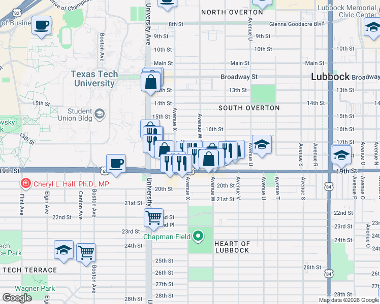 map of restaurants, bars, coffee shops, grocery stores, and more near 2310 18th Street in Lubbock