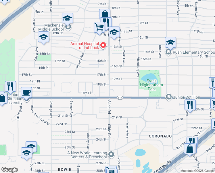 map of restaurants, bars, coffee shops, grocery stores, and more near 5013 18th Street in Lubbock