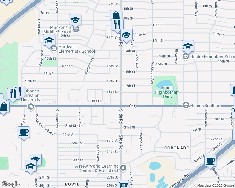 map of restaurants, bars, coffee shops, grocery stores, and more near 5207 18th Street in Lubbock