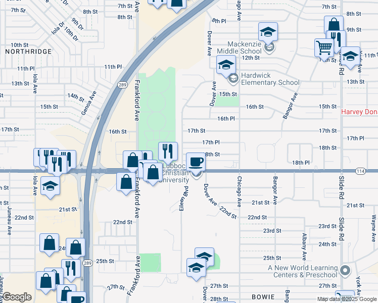 map of restaurants, bars, coffee shops, grocery stores, and more near 5541 18th Street in Lubbock