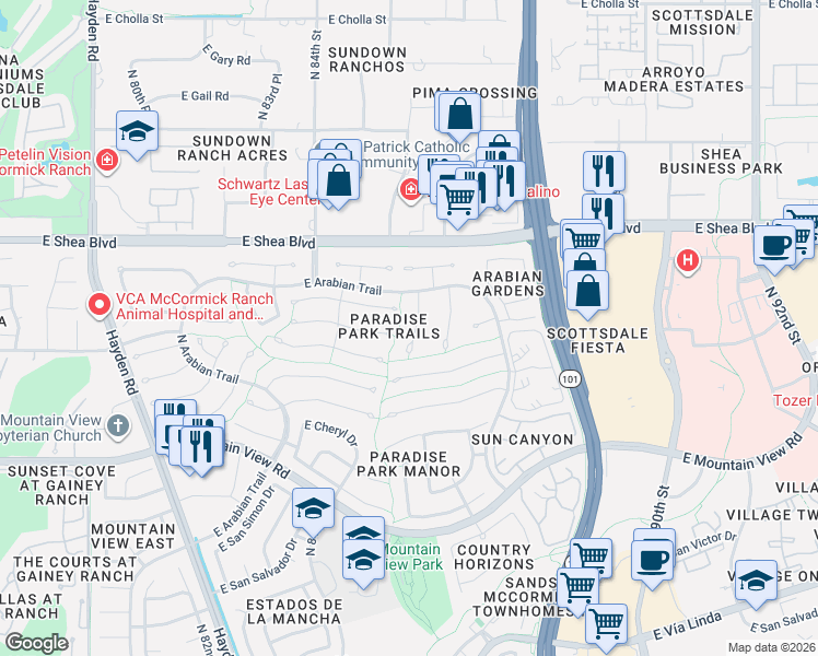 map of restaurants, bars, coffee shops, grocery stores, and more near 8520 East Quarterhorse Trail in Scottsdale