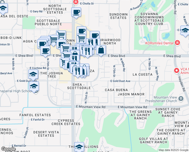 map of restaurants, bars, coffee shops, grocery stores, and more near 7370 East Gold Dust Avenue in Scottsdale