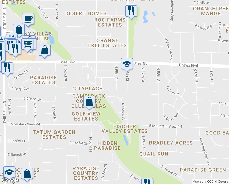 map of restaurants, bars, coffee shops, grocery stores, and more near 5502 East Cheryl Drive in Paradise Valley