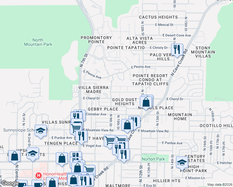 map of restaurants, bars, coffee shops, grocery stores, and more near 906 East Cheryl Drive in Phoenix