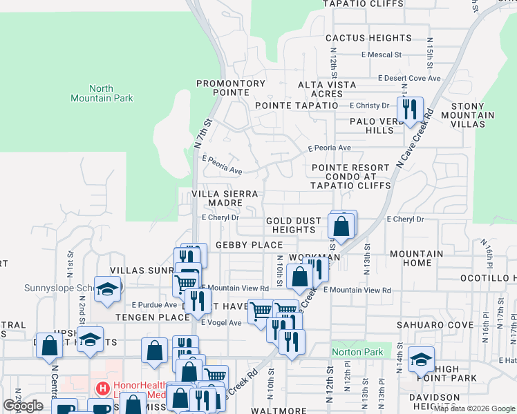 map of restaurants, bars, coffee shops, grocery stores, and more near 906 East Cheryl Drive in Phoenix
