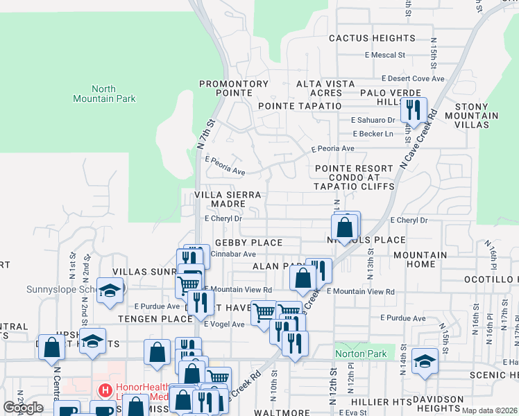 map of restaurants, bars, coffee shops, grocery stores, and more near 10210 North 8th Place in Phoenix