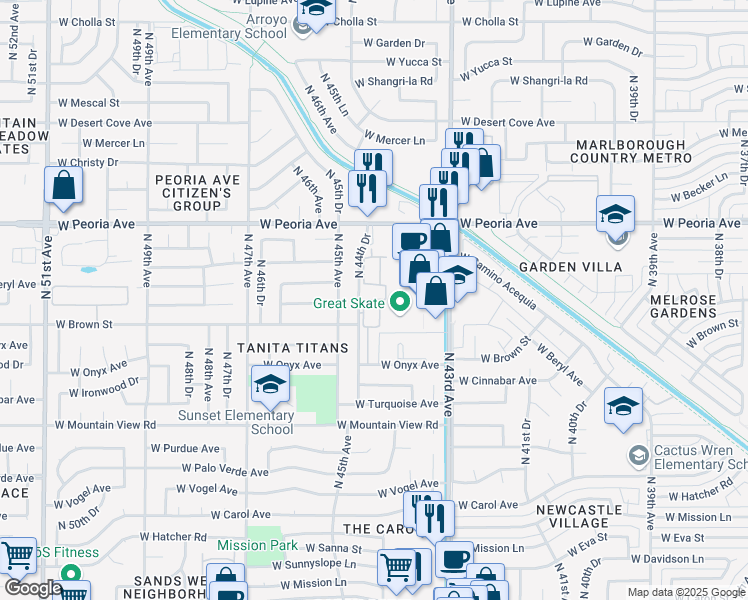 map of restaurants, bars, coffee shops, grocery stores, and more near 23 North 44th Drive in Glendale