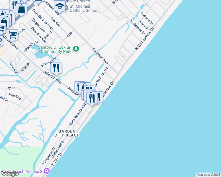 map of restaurants, bars, coffee shops, grocery stores, and more near 340 North Waccamaw Drive in Murrells Inlet