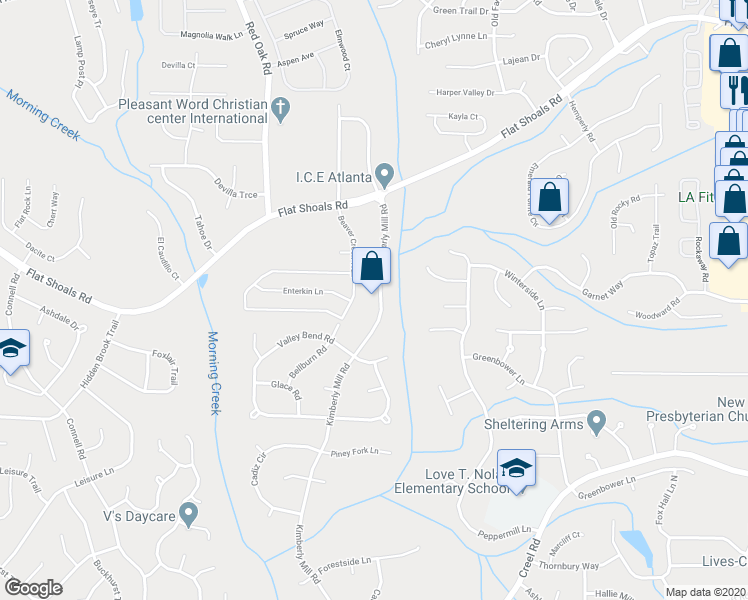 map of restaurants, bars, coffee shops, grocery stores, and more near 6465 Kimberly Mill Road in College Park