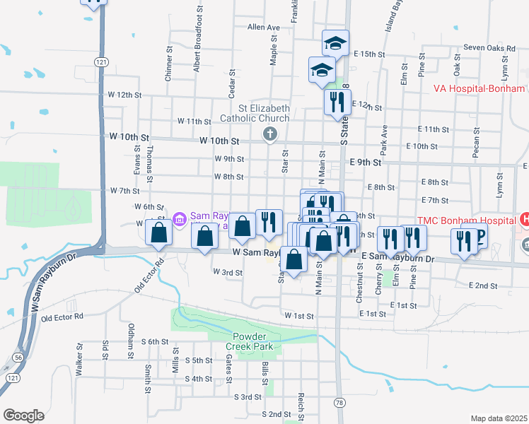 map of restaurants, bars, coffee shops, grocery stores, and more near 403 West 6th Street in Bonham