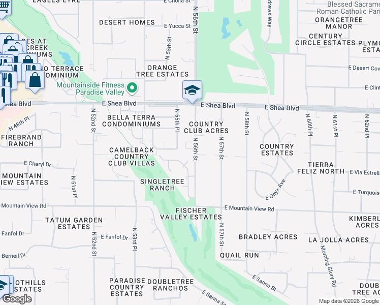 map of restaurants, bars, coffee shops, grocery stores, and more near 10028 North 55th Place in Paradise Valley