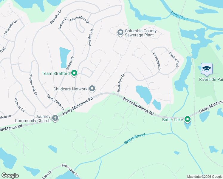 map of restaurants, bars, coffee shops, grocery stores, and more near 1079 Rivershyre Court in Evans