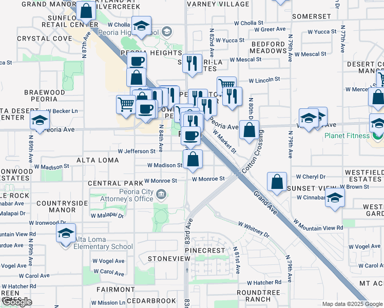 map of restaurants, bars, coffee shops, grocery stores, and more near 8295 West Jefferson Street in Peoria