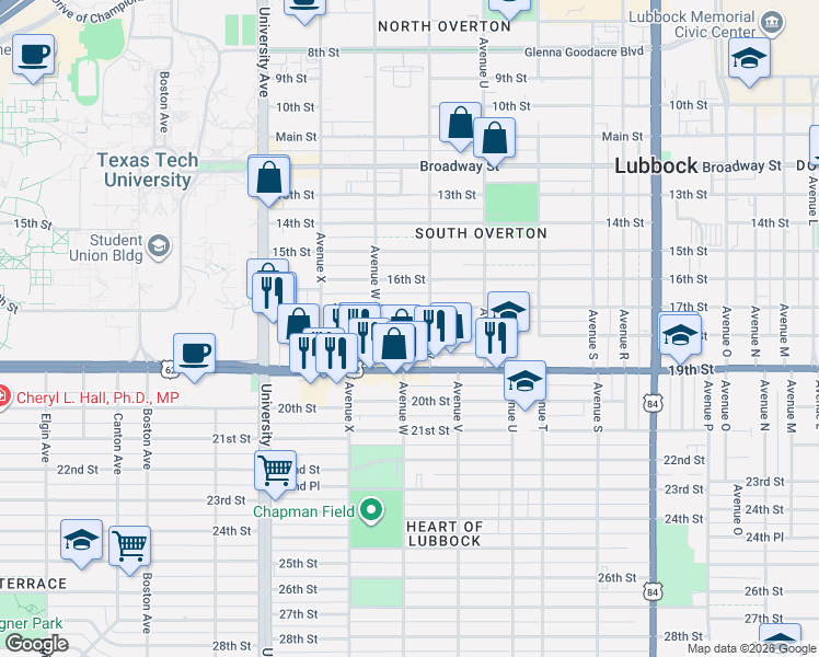 map of restaurants, bars, coffee shops, grocery stores, and more near 2210 18th Street in Lubbock