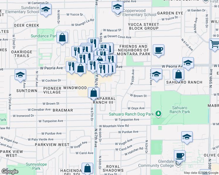 map of restaurants, bars, coffee shops, grocery stores, and more near 10223 North 66th Drive in Glendale