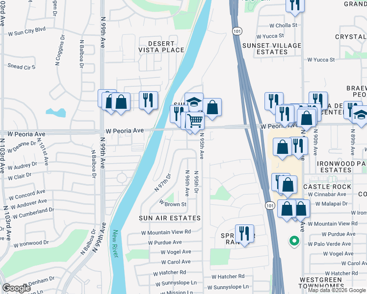 map of restaurants, bars, coffee shops, grocery stores, and more near 10410 North 97th Drive in Peoria