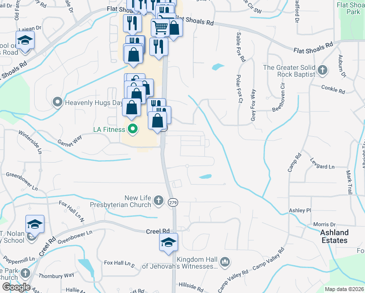 map of restaurants, bars, coffee shops, grocery stores, and more near 2235 Bigwood Trail in Atlanta