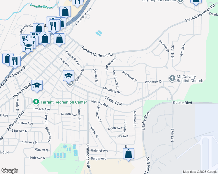 map of restaurants, bars, coffee shops, grocery stores, and more near 1732 Mountain Drive in Birmingham
