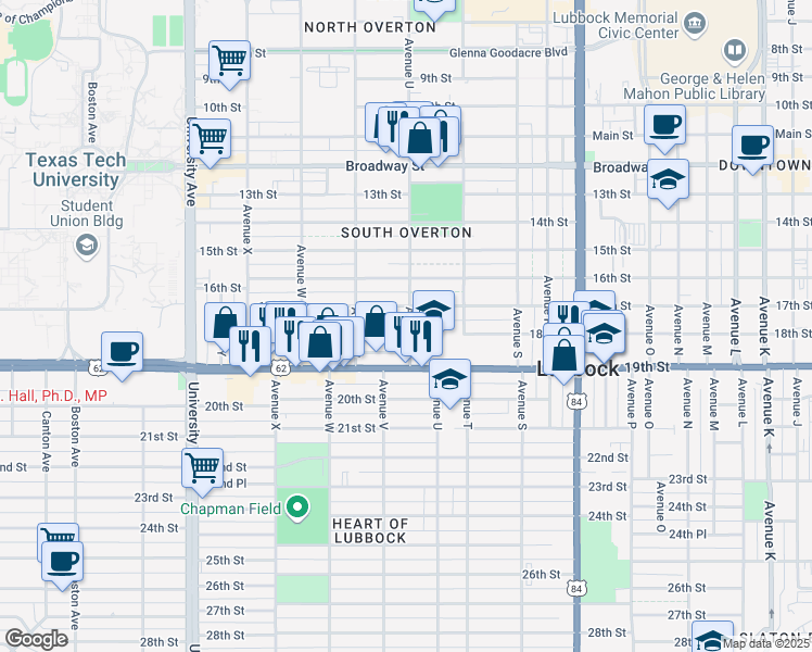 map of restaurants, bars, coffee shops, grocery stores, and more near 2102 18th Street in Lubbock