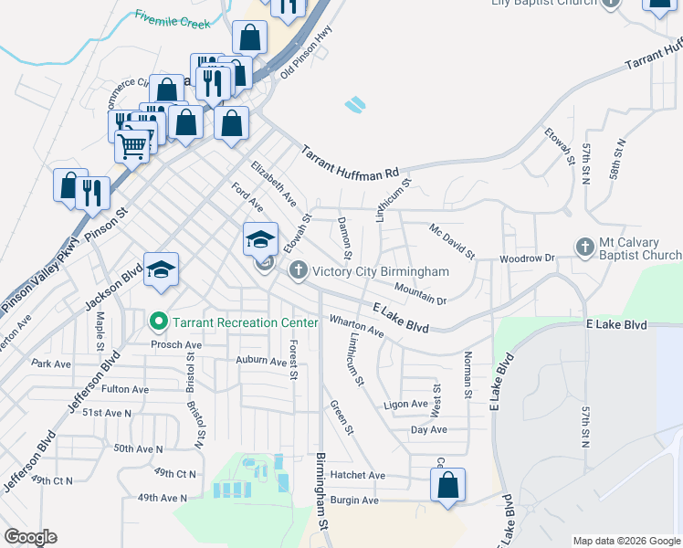 map of restaurants, bars, coffee shops, grocery stores, and more near 1608 East Lake Boulevard in Birmingham