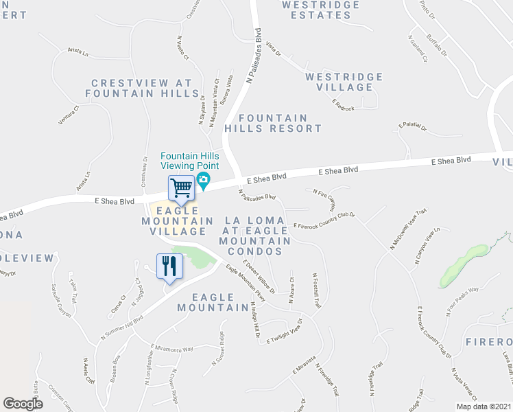 map of restaurants, bars, coffee shops, grocery stores, and more near 10244 North Palisades Boulevard in Fountain Hills