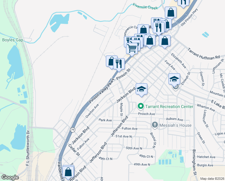 map of restaurants, bars, coffee shops, grocery stores, and more near 1118 Jackson Boulevard in Birmingham