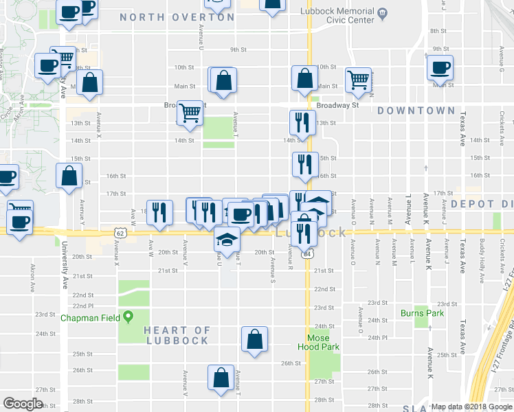 map of restaurants, bars, coffee shops, grocery stores, and more near 1910 18th Street in Lubbock