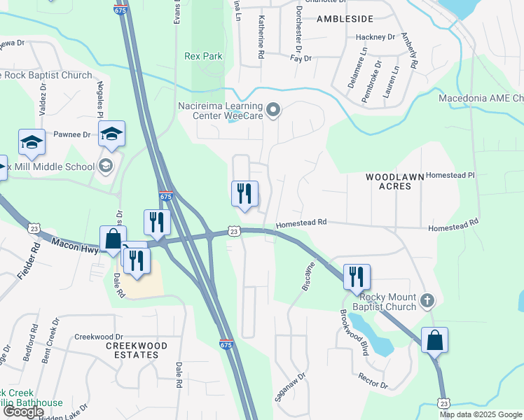 map of restaurants, bars, coffee shops, grocery stores, and more near 6418 Ellenwood Drive in Rex